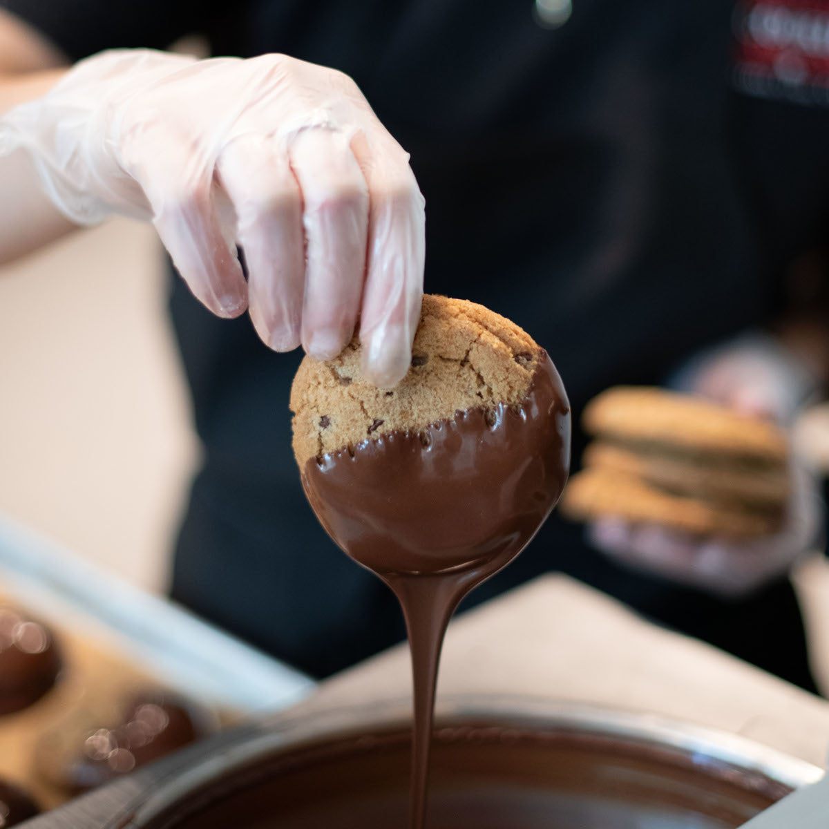 Hand holding freshly dipped chocolate covered cookie