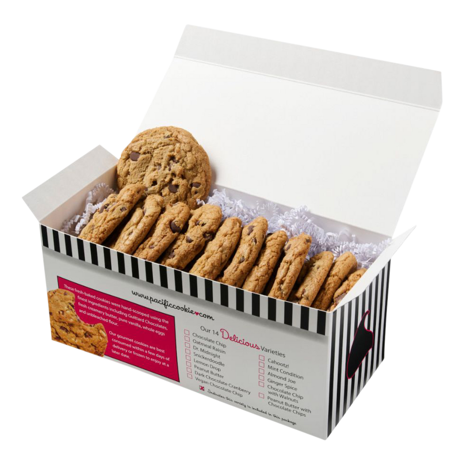 Opened gift box showing Chocolate Chip cookies.