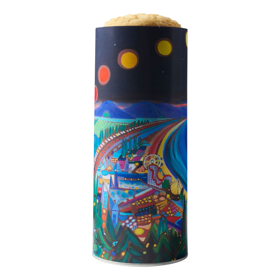 Moonlit Santa Cruz Cookie Gift Tower, featuring Bay Moon by local artist Tessa Hope Hasty, showcasing the moonlit coastline, the lush agricultural fields, and the iconic Beach Boardwalk.