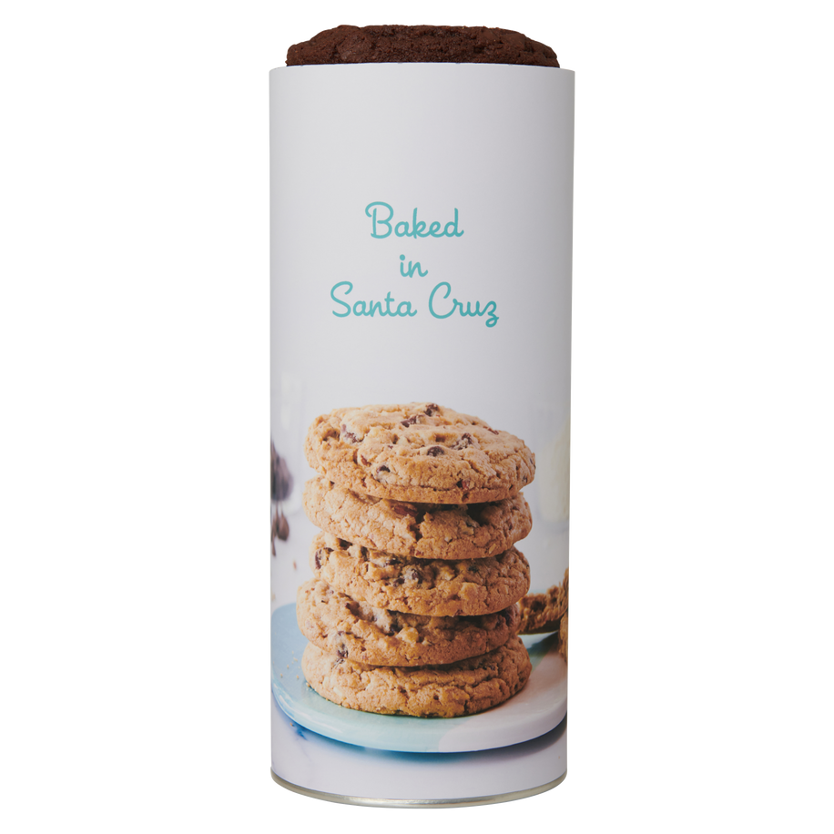 Classic Cookie Gift Tower with a stack of Chocolate Chip Cookies on a white plate with a white background and Bake in Santa Cruz in turquoise blue font.