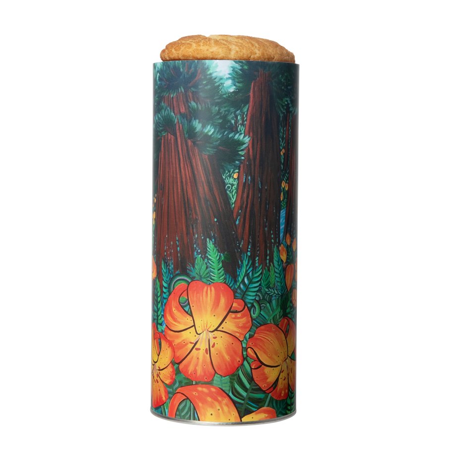 Cylindrical container with a colorful design of florals and redwood trees on a white background