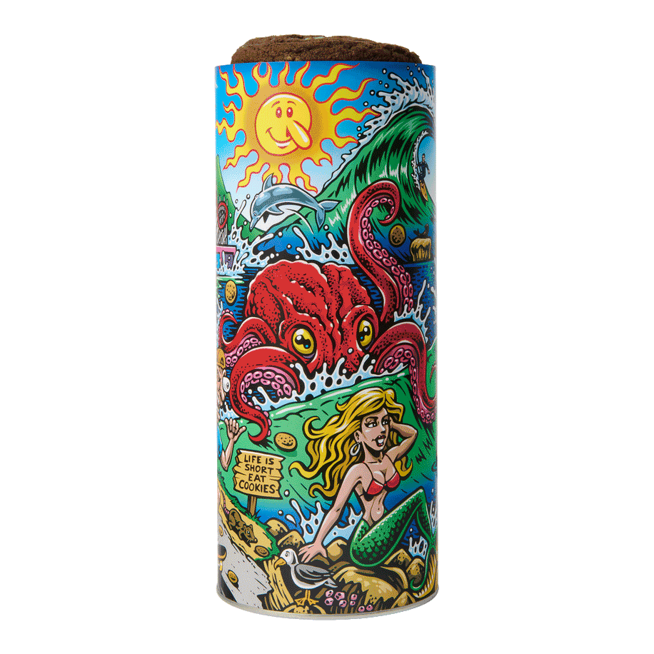 Santa Cruz on Edge Cookie Gift Tower –tall, colorful cookie gift tin featuring vibrant surf art by Jimbo Phillips with a smiling sun, giant red octopus, mermaid, crashing waves, and the phrase 'Life is short, eat cookies,' filled with fresh-baked cookies.