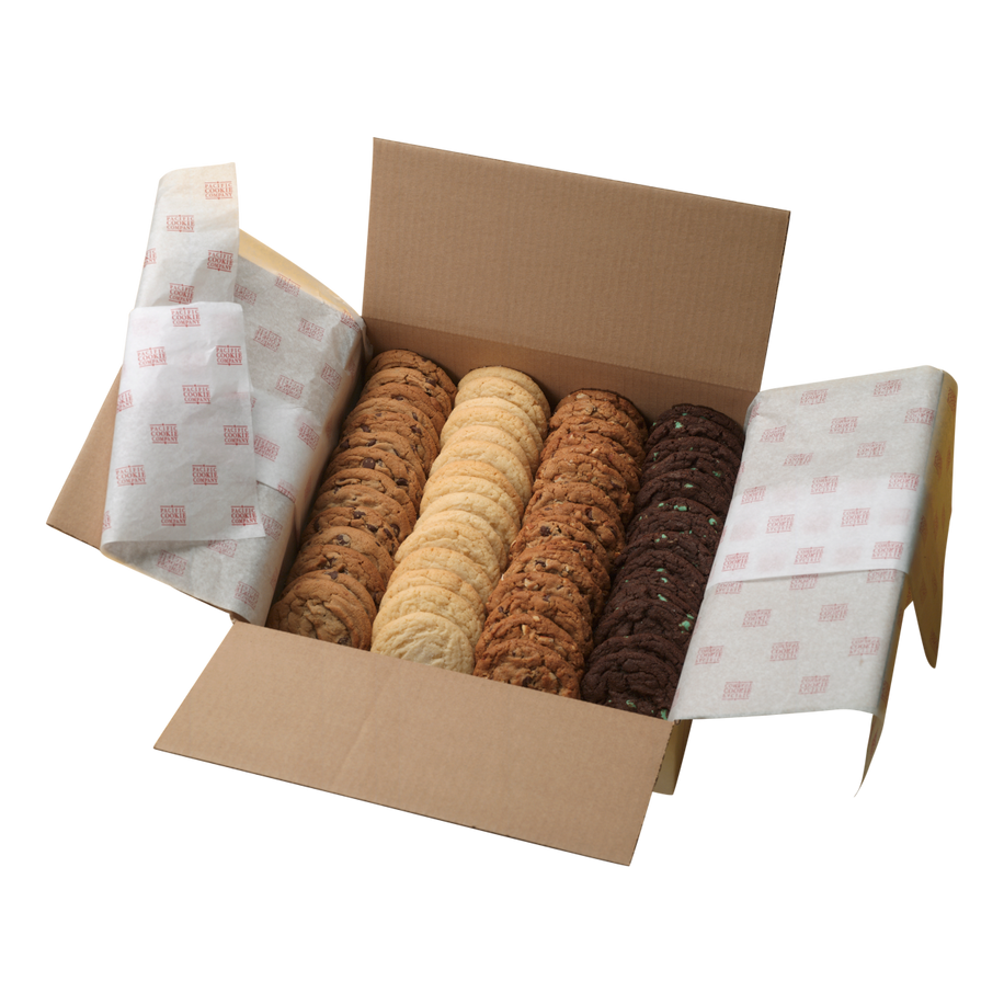 An opened box of assorted bulk cookies. 