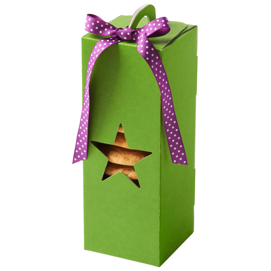 A kiwi green gift box with a star cut-out window that shows cookies inside. The box has a purple ribbon bow on top.