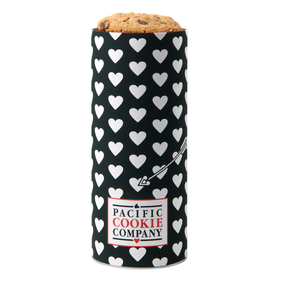 Cookie Gift Tower with white hearts on a black background with Pacific Cookie Company logo